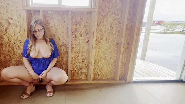 Blonde MILF with big tits and glasses enjoys exhibitionist masturbation and dirty talk